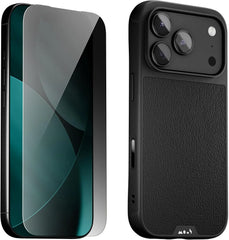 Mous for iPhone 17 Pro Case and Privacy Screen, Black Leather Phone Case