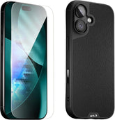 Mous for iPhone 17 Case and Ceramic Screen, Black Leather Phone Case