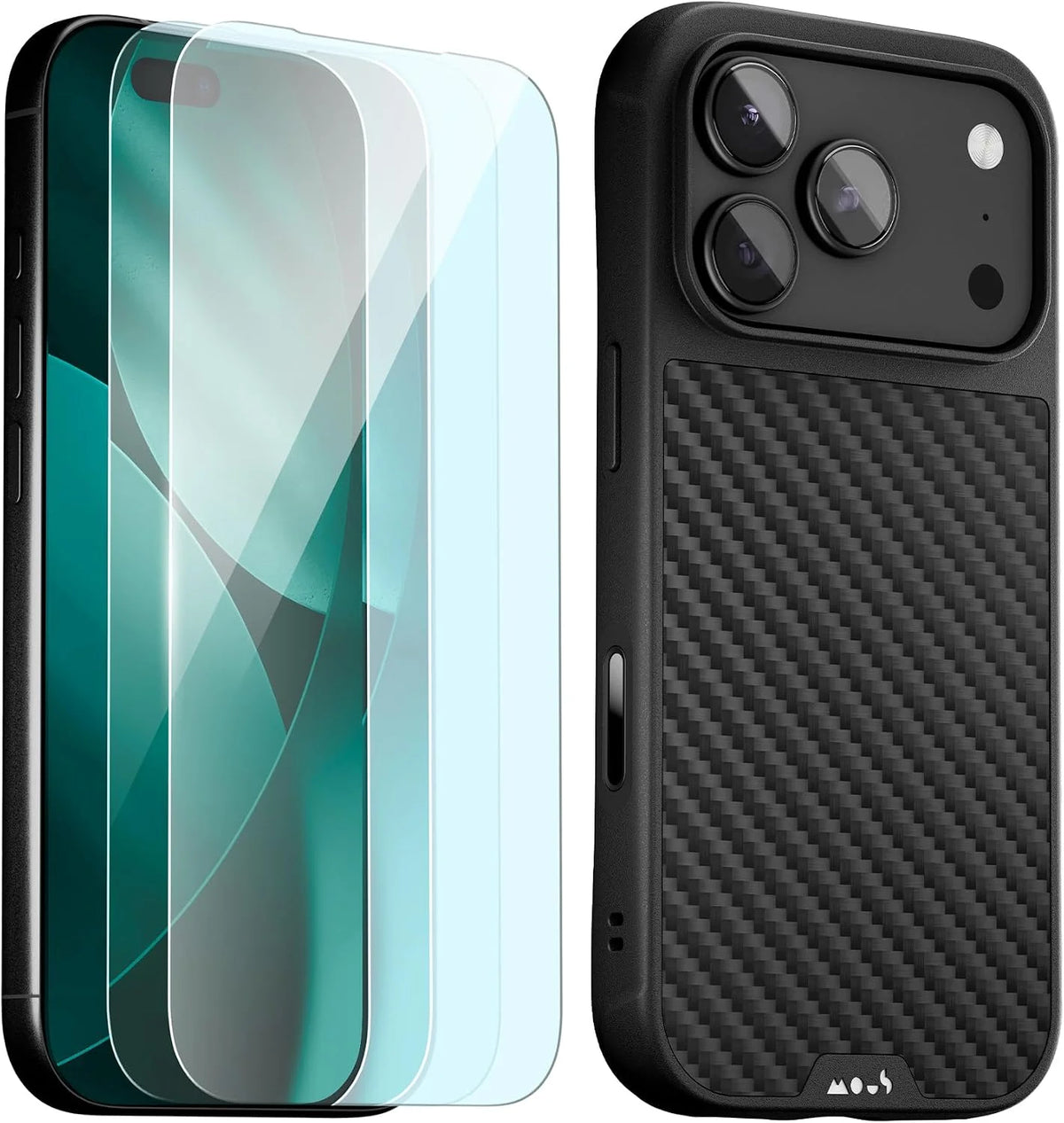 Mous for iPhone 17 Pro Case and 2 Pack Anti-Blue, Carbon Fibre Phone Case