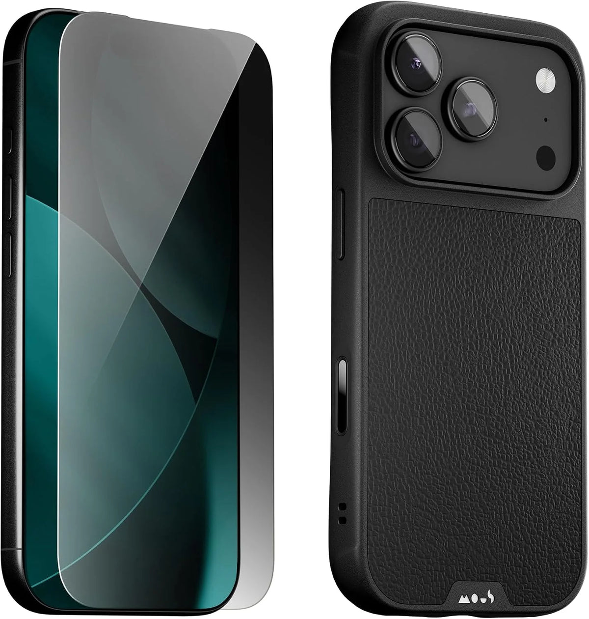 Mous for iPhone 17 Pro Case and Privacy Screen, Black Leather Phone Case