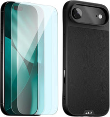 Mous for iPhone Air Case and 2 Pack Anti-Blue Light Screen Protector, Military-Grade Protection Shockproof Black Leather Phone Case for iPhone Air