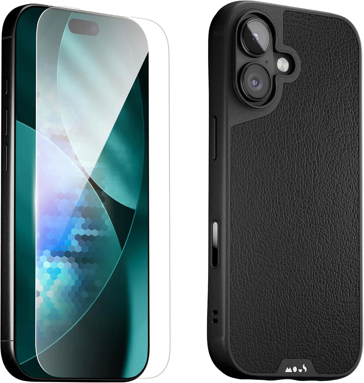 Mous for iPhone 17 Case and Ceramic Screen, Black Leather Phone Case